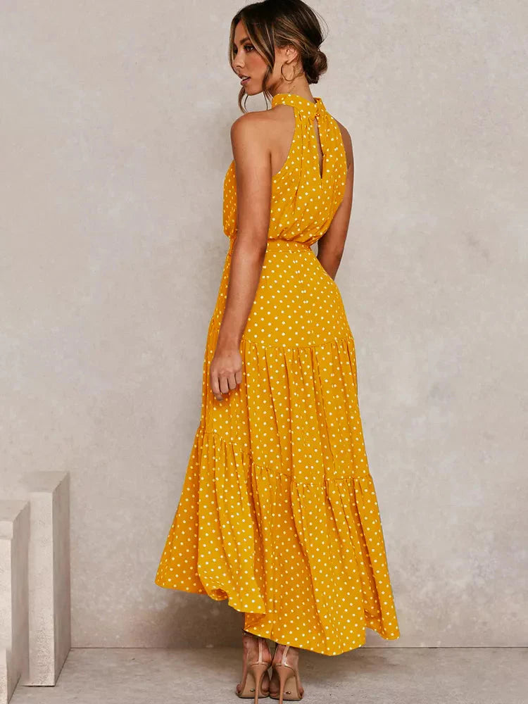 Vestido Longo Poá com Gola Alta Feminino