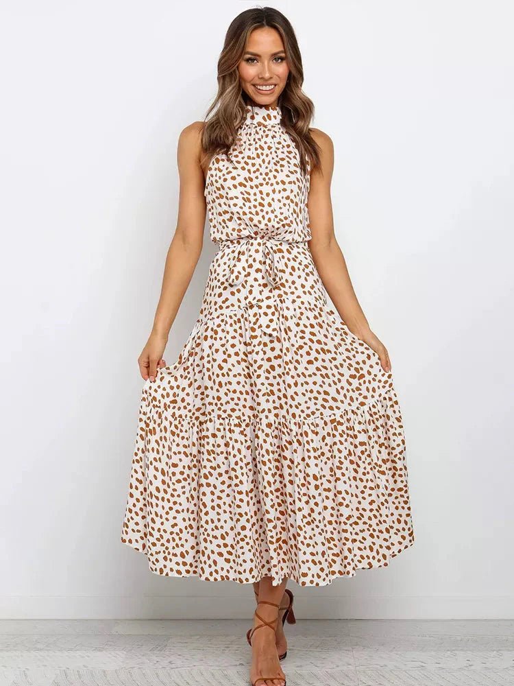 Vestido Longo Poá com Gola Alta Feminino