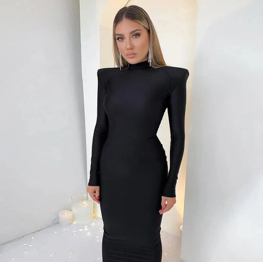 Vestido Feminino Elegante de Manga Comprida com Ombreira