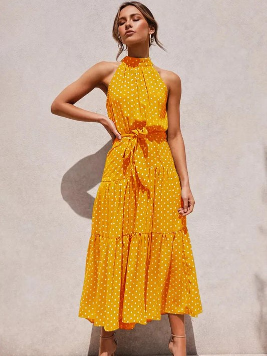 Vestido Longo Poá com Gola Alta Feminino