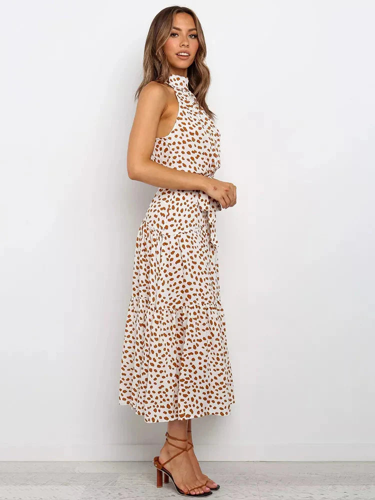 Vestido Longo Poá com Gola Alta Feminino