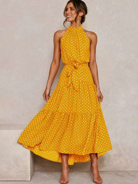 Vestido Longo Poá com Gola Alta Feminino
