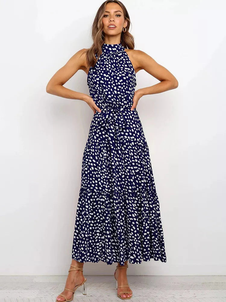 Vestido Longo Poá com Gola Alta Feminino