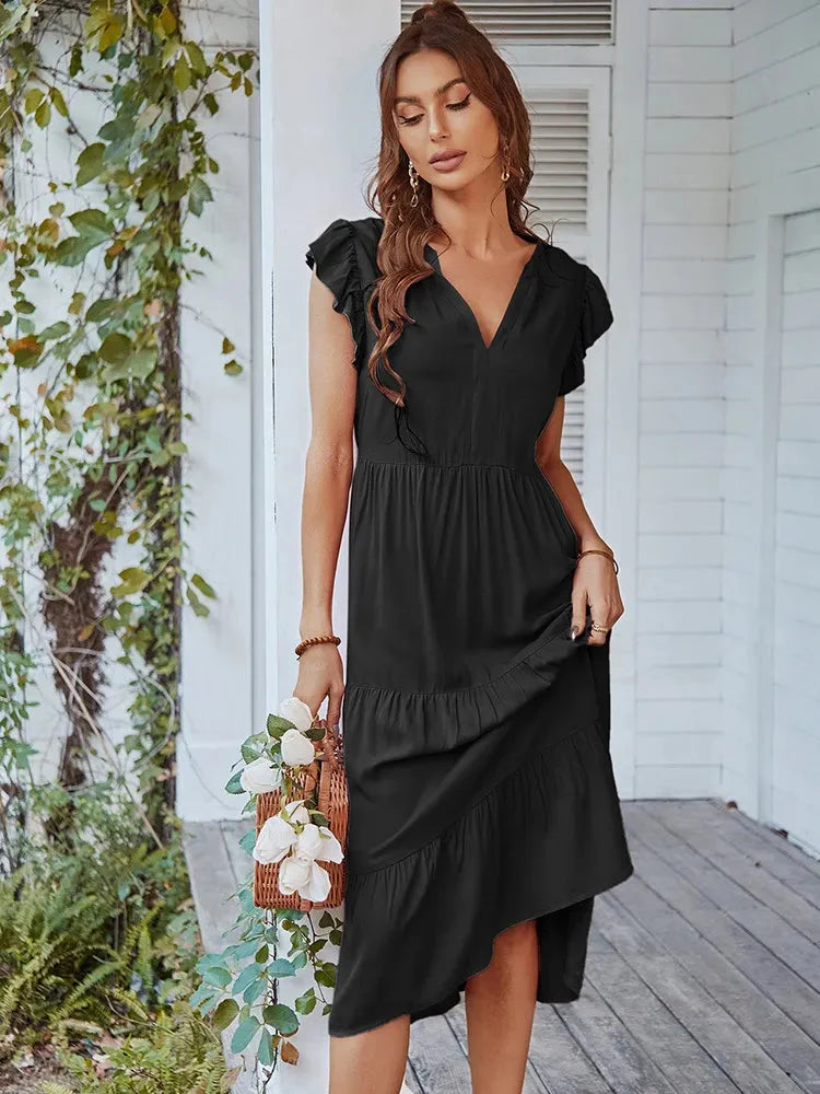 Vestido Midi com Manga e Babados