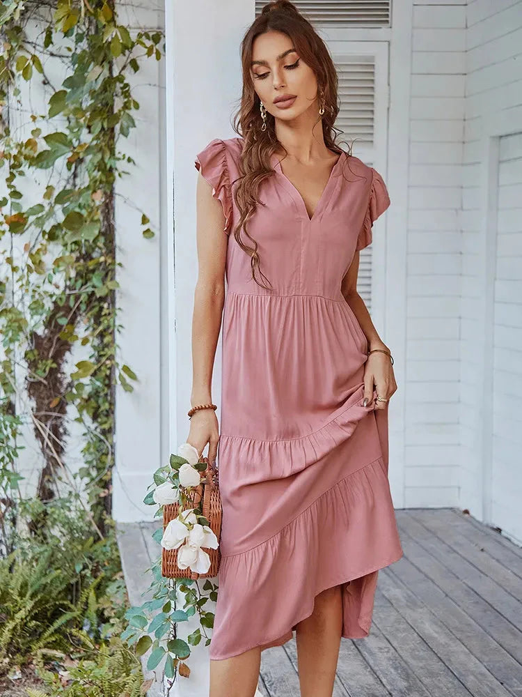Vestido Midi com Manga e Babados