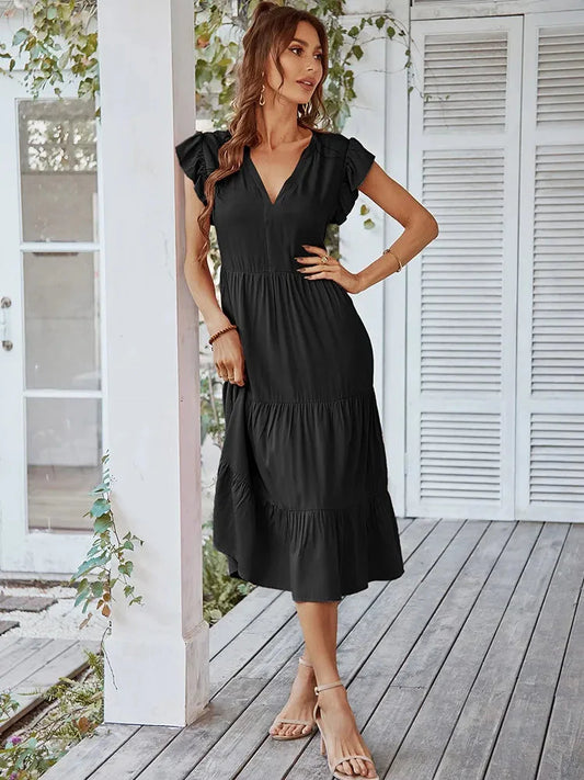Vestido Midi com Manga e Babados