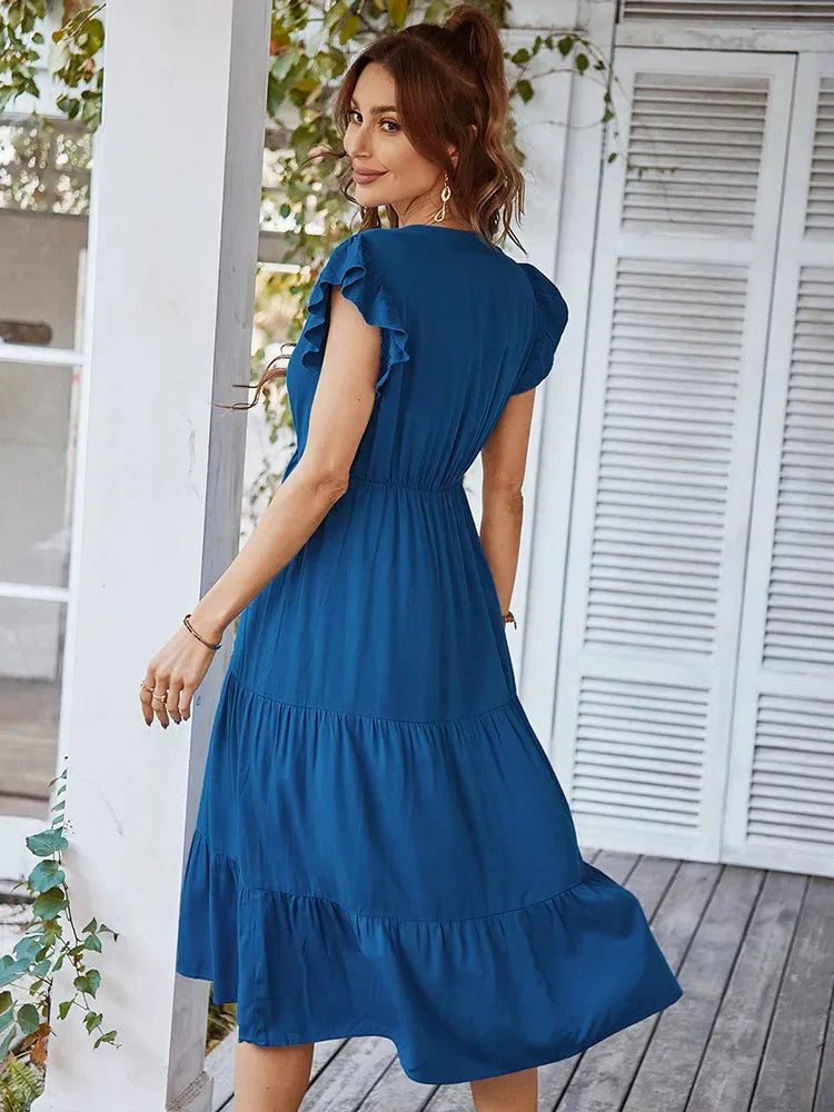 Vestido Midi com Manga e Babados