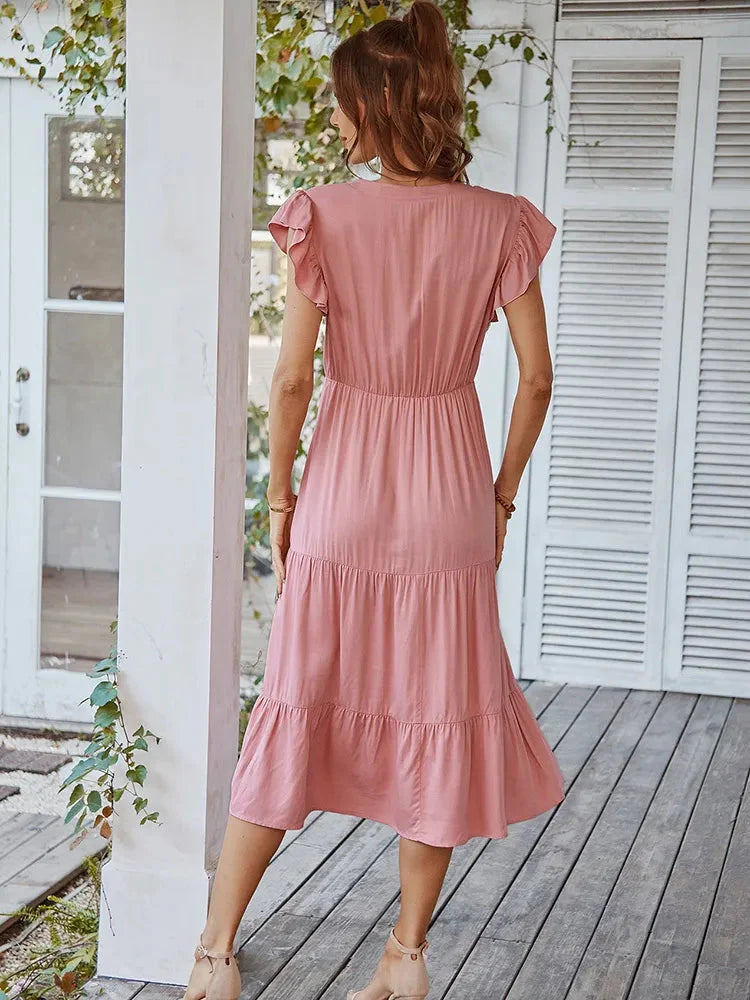 Vestido Midi com Manga e Babados