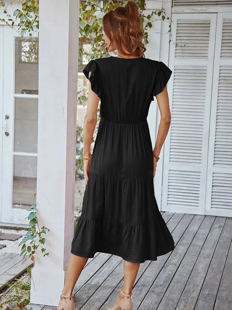 Vestido Midi com Manga e Babados
