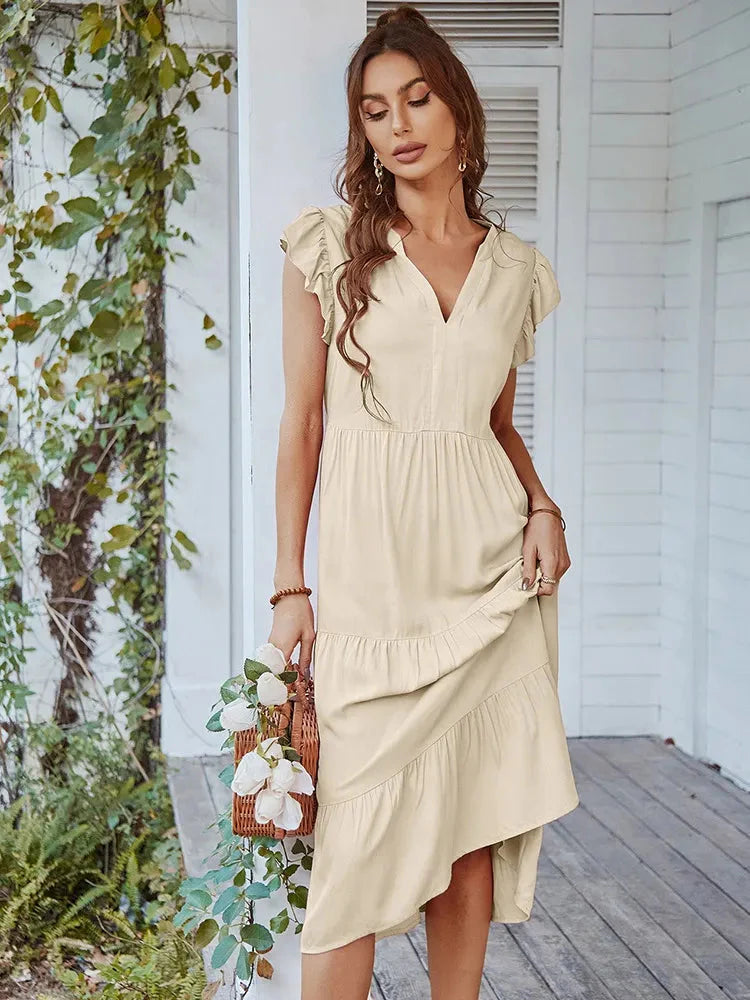 Vestido Midi com Manga e Babados