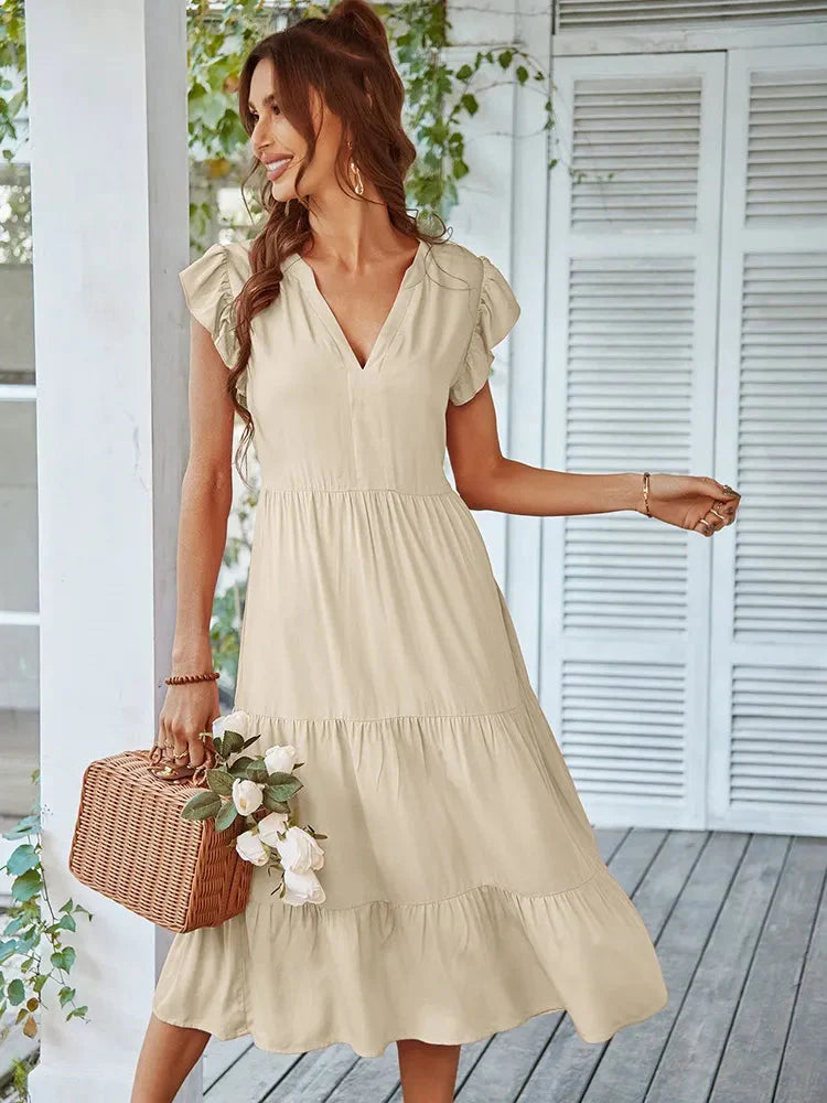 Vestido Midi com Manga e Babados