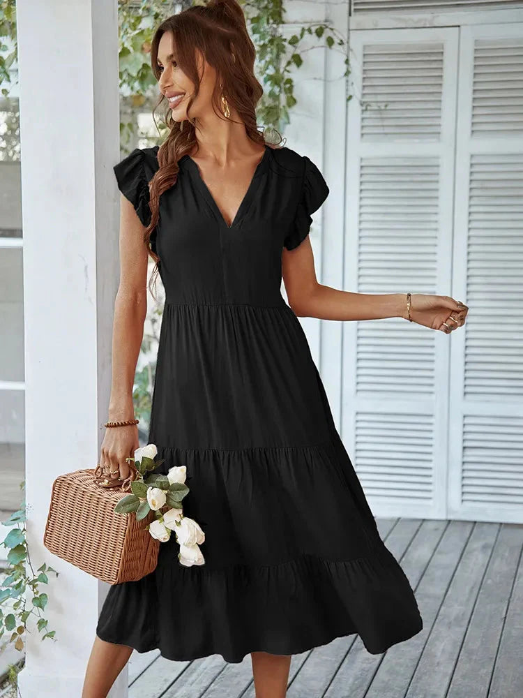 Vestido Midi com Manga e Babados
