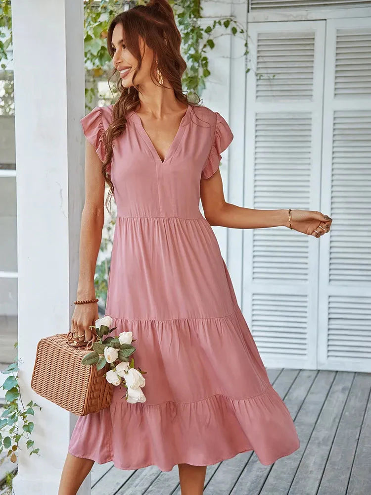 Vestido Midi com Manga e Babados